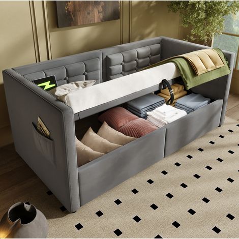 CHICFURN Divano letto 90x190 cm in velluto grigio con contenitore, USB e Type-C, senza materasso (1/5)