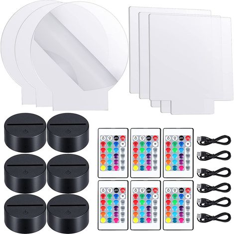 Lot de 6 veilleuses LED 3D DIY avec support d'affichage et plaque acrylique transparente, télécommande et câble USB (1/5)