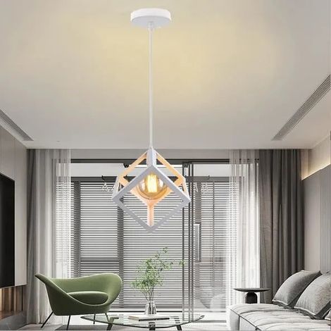 E27 Lampe Suspension Luminaire Vintage en Métal Blanc Lustre Plafonnier Industrielle en Carré pour Salon Chambre (1/4)
