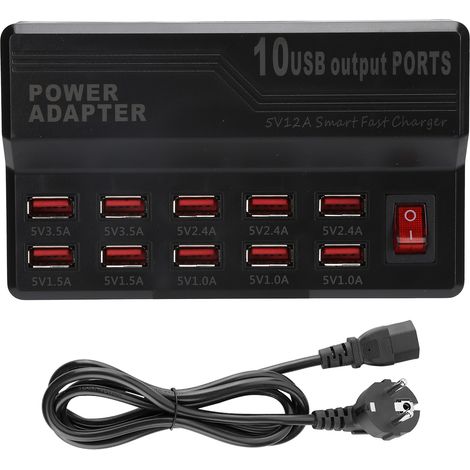 10-Port-USB-Schnellladestation, 12-A-Smart-Netzteil mit 100–240-V-EU-Stecker (1/5)