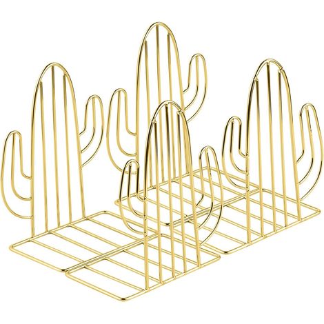Serre-livres en métal, 2 paires de serre-livres cactus pour enfants, idéal pour le bureau, la décoration, les étagères, l'école et la librairie (doré)