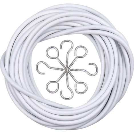 Cavo per tende bianco da 10 m, in acciaio rivestito in plastica, con 50 occhielli a vite e ganci a vite per aste per tende