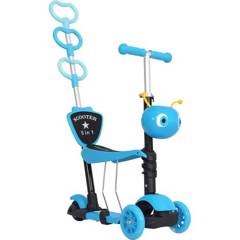 3 en 1 Patinete para Niños de +18 Meses Scooter de 3 Ruedas con Asiento Extraíble Manillar Mango de Empuje Altura Ajustable 62x25x72,5 cm Azul (1/5)
