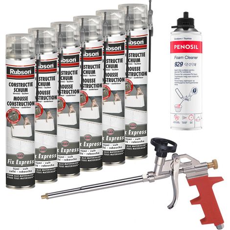 RUBSON Pack 6 Mousses construction 750ml Fix Express + Nettoyant FoamCleaner 929 500ml Penosil + Pistolet