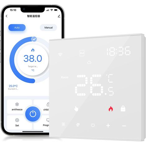 Intelligenter Thermostat, digitaler WLAN-Raumthermostat, programmierbarer Heizungsthermostat, kompatibel mit Alexa und Google Home für 16-A-Elektro-Fußbodenheizung, Touchscreen-Thermostat – Weiß