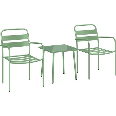 Ensemble de jardin 3 pièces : table basse vitrée trempée et 2 chaises en bois latté, structure acier galvanisé vert (1/5)