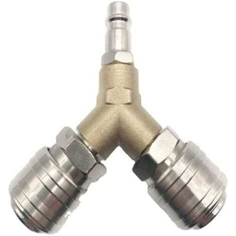 Pair Druckluftverteiler mit Schalter, vollständig aus Edelstahlmessing gefertigt, ausgestattet mit zwei 1/4-Zoll-Gewindeanschlüssen, für Druckluftsysteme.