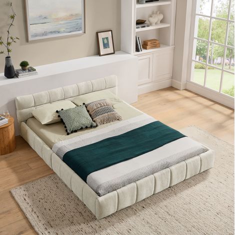 letto matrimoniale 140x200 imbottito chenille beige HAVRYA (1/5)