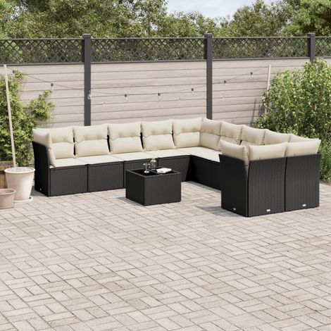 11-tlg. Garten-Sofagarnitur mit Kissen Schwarz Poly Rattan (1/3)