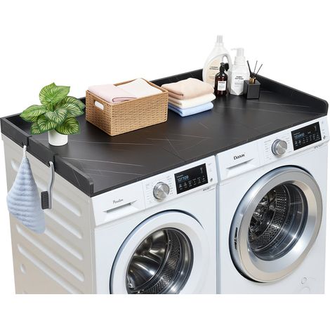 Comptoir pour Lave Linge et Sèche Linge 137x69,9 cm, Plan de Travail pour Machine à Laver Imperméable, pour Rangement Aménagement Buanderie Placard Balcon, avec Rebord et 2 Crochets, Noir (1/5)