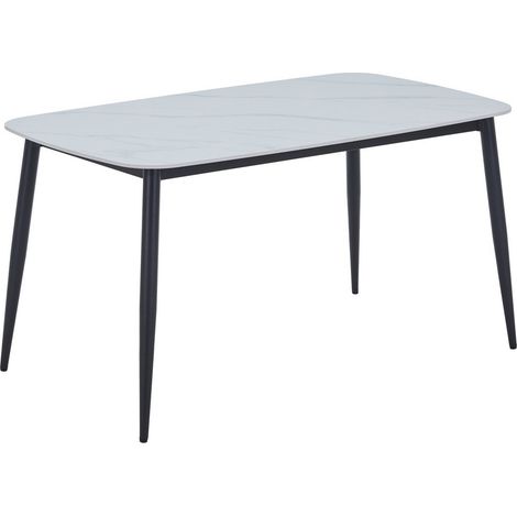 Rectangular Dining Table in Gloss White with Black Legs - Sintered Stone/Metal - L80 x W140 x H75 cm - Flat Packed