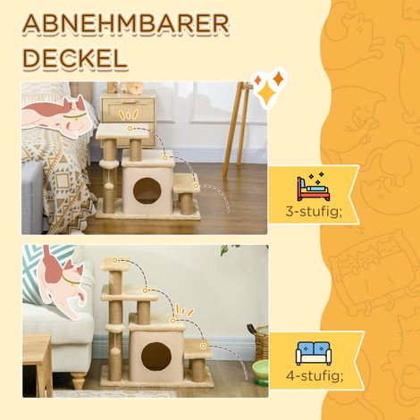 Escalier griffoir pour chat 4 marches avec balle jouet et niche, hauteur ajustable, 60x40x66 cm, beige