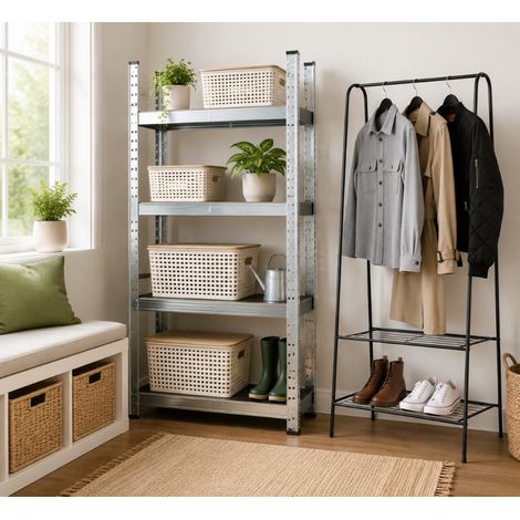 Set contenitori con struttura in ferro (3 pezzi) – Scatole impilabili, ripiano in metallo zincato e appendiabiti in ferro (1/5)
