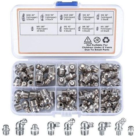 60 Pices graisseur a Visser, Assortiment Graisseur M6 M8 M10, Droit Graisse Raccord 45 90 180, avec Bote en Plastique, pour quipement Mcanique, Embout de Graissage Fixations (1/5)
