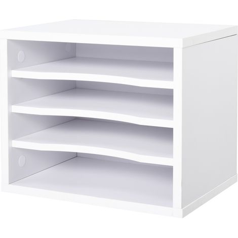 Organizador de escritorio Vinsetto de madera blanca con 4 niveles, espacio para suministros y soporte para impresora. Dimensiones: 35,5 cm de largo x 25 cm de ancho x 28,6 cm de alto. (1/5)