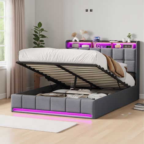 Polsterbett 140x190 cm, Doppelbett mit Hydraulischem Stauraum, mit LED und USB-Ladestation, Modernes Jugendbett, Bett mit Kopfteil und Lattenrost, Leinen Grau, Ohne Matratze