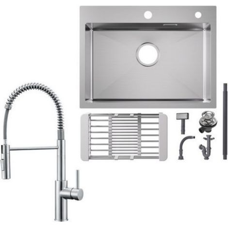 Fregadero de cocina de acero inoxidable 60 x 45 cm lavabo sobre encimera cepillado + grifo de cocina con resorte cepillado con 2 tipos de chorro grifo de cocina alto 480 mm (1/5)
