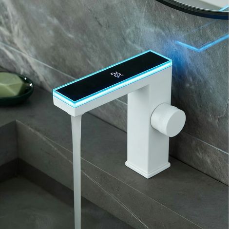 Robinet LED à Affichage Numérique Eau Chaude/Froide, Acier Inoxydable Blanc - avec Éclairage (1/5)