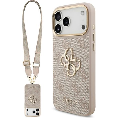 Funda Guess 4G Big 4G Classic Logo con correa grande y botones metálicos para iPhone 17 Pro Max, color rosa.