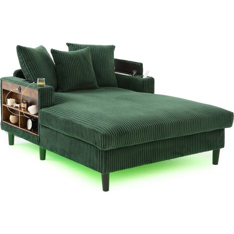 Méridienne multifunzione in velluto a coste verde smeraldo con LED, USB e contenitore 129x170x70 cm (1/5)