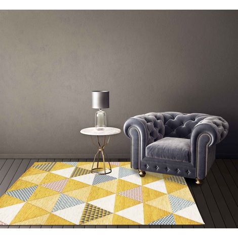 Tappeto Arredo Moderno Morbido in Ciniglia Ingresso Antiscivolo Prodotto Italiano  Soggiorno Camera Salotto Disegni Piazzati Cotone Varie Misure Grande Triangoli Senape - 65x115Cm (1/5)