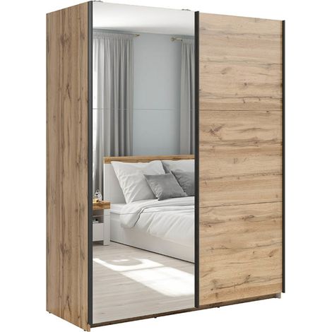 Armoire placard à 2 portes coulissantes dont 1 porte avec miroir coloris Chêne wotan - Longueur 153,5 x Profondeur 60 x Hauteur 195,5 cm (1/5)