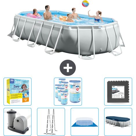 Intex Oval Prism Frame Swimmingpool – 503 x 274 x 122 cm – Grau – Inklusive Zubehör CB49