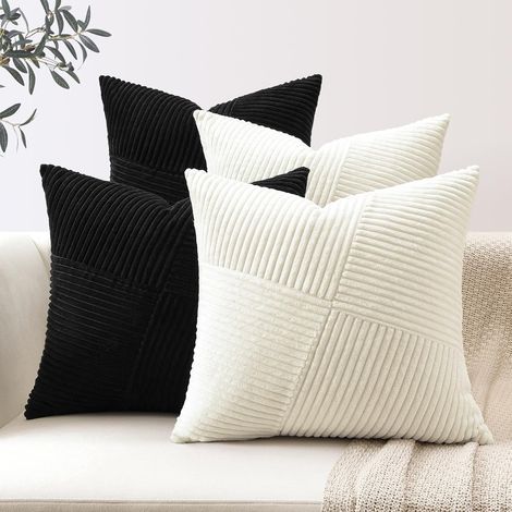 JSSEVN - Set of 4 Corduroy Cushion Covers, Pinwheel Striped Patchwork Cushion Covers, Soft Decorative Pillowcases, 45x45 cm, Black and White (1/5)