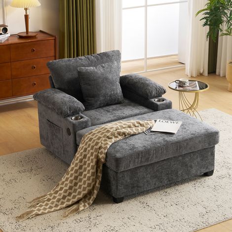 Canapé relax moderne en chenille avec porte-gobelet, port USB, accoudoir de rangement, soutien ergonomique ferme, pour salon et bureau (1/4)