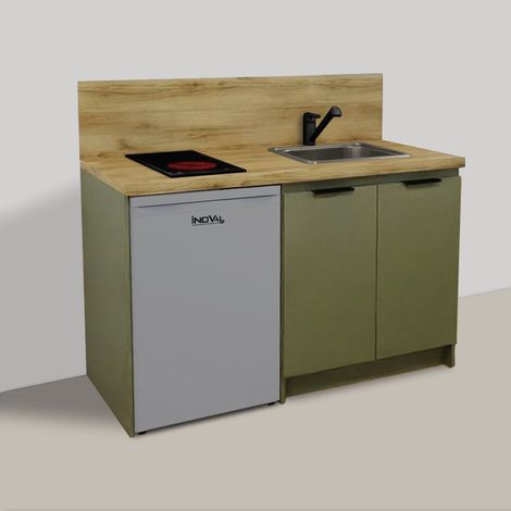 KITCHENETTE TERRA VERT ARGILE 140cm + PLAQUE DE CUISSON + REFRIGERATEUR + EVIER + MITIGEUR (1/4)
