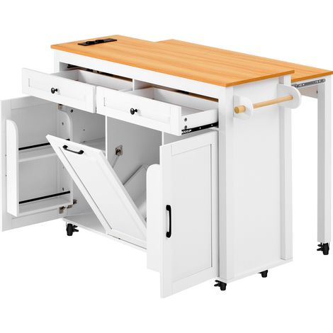 Îlot de cuisine mobile blanc en MDF avec plan de travail extensible et compartiment pour poubelle (1/5)