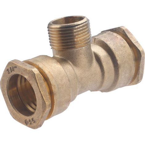 – Raccord laiton mâle au centre M3/4' – Filetage plomberie – Pour tuyau polyéthylène – Ø 25 mm – Serrage par écrou (1/5)