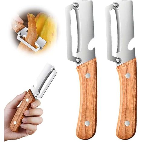 Multi-functional kitchen peeler with wooden handle and bottle opener, suitable for peeling vegetables or fruits (2-pack) (1/5)