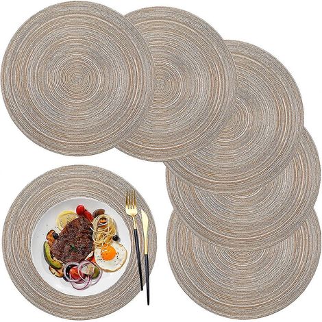 Sets de table ronds tressés en polypropylène (PP), lot de 6, lavables, résistants à la chaleur et antidérapants, 36 cm, couleur café. (1/4)