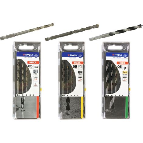 Tivoly •  Lot de 3 coffrets hexa : 1 coffret de forets métal queue hexa 5pcs Ø 2 à 6mm + 1 coffret de forets béton queue hexa 5pcs Ø3 à 8mm + 1 coffret de mèches bois 3 pointes queue hexa 5pcs Ø3 à 8m