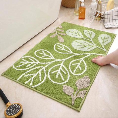 Tapis De Bain - 40 X 60 Cm - Antidérapant - Vert Motif Feuille - 1 Pièce (1/3)