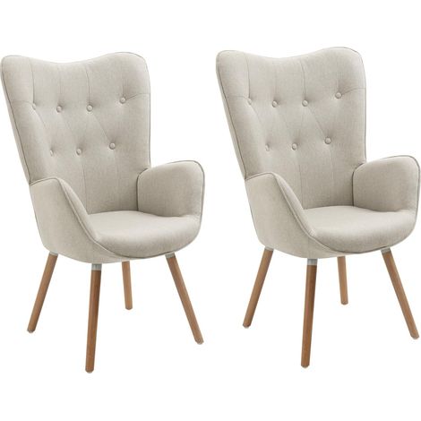 Meuble Lot de 2 Fauteuil Salon Scandinave Confortable Chaise de Coiffeuse Canapé Allaitement avec Assise Épais Accoudoirs Rembourés en Tissu Pieds Bois Massif, Beige (1/5)