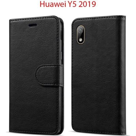 N&T Coque Huawei Y5 2019 Housse Etui Portefeuille Cuir Multifonction, Fermeture Magnétique à Clapet Anti-Choc Noir (1/4)
