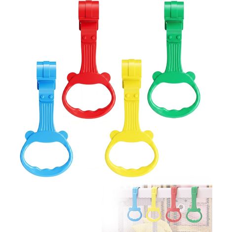 4 Pièces Anneaux de Parc Bébé, en Bleu, Vert, Jaune et Rouge, pour Tour de Lit et Parc, crochets main courante avec clips amovibles, pour aider à se lever et entraîner l'équilibre (1/5)