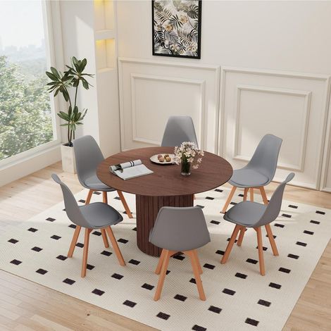 Runder Esstisch mit 6 Stühlen, 120cm, nordisch, dunkelbraun + grau (1/5)