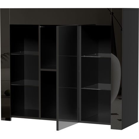 Credenza nera moderna lucida con ripiani in vetro e anta 95 x 35 x 83 cm (1/5)