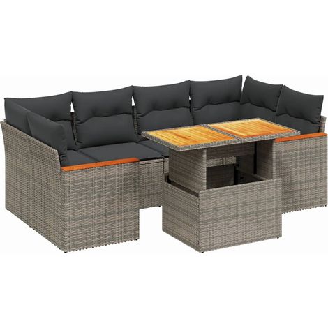 Set de sofás de jardín 7 piezas con cojines ratán PE gris vidaXL (1/5)