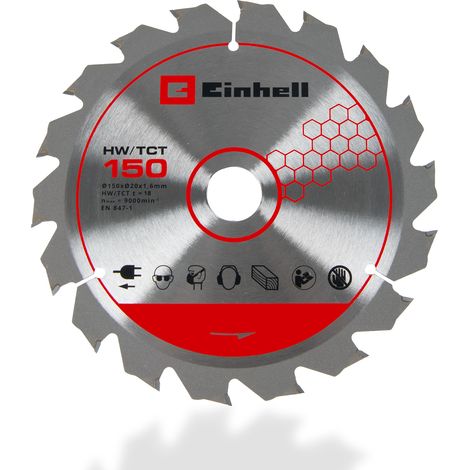 Einhell Lame de scie circulaire 150x20mm (alésage 20 mm, 18 dents à biseaux alternés, largeur de coupe 1,6 mm, carbure, pour scie circulaire portative sans fil) (1/2)