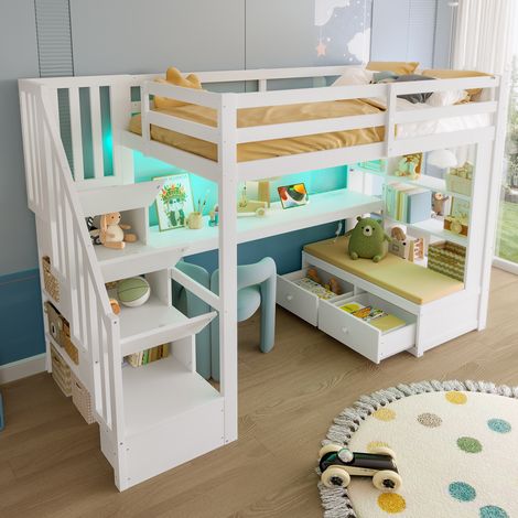 Lit mezzanine 90x200 cm - Avec bureau et étagère - Avec 2 tiroirs - Avec LED - Escalier de rangement - Blanc (matelas non inclus) (1/5)