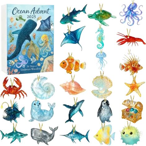 Calendrier De Lavent - Ornements En Acrylique - Thème Océan - 24 Jours - Décoration Intérieure Et Festive - Lot De 24 Pièces (1/4)