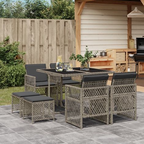 Set comedor jardín 9 pzas y cojines ratán sintético gris vidaXL (1/5)
