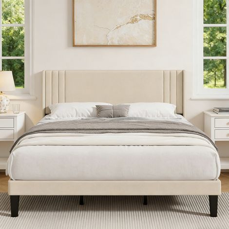 Lit Capitonné 160x200cm avec Sommier à Lattes en bois, Tête de Lit en Lin, Lit Adulte Double pour 2 Personne, Montage facile, Beige (1/5)