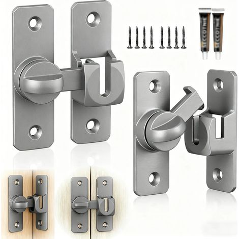 Verrou Porte Coulissante, 2 Paires Loquet-Porte 90/180 Degrés, Alliage D'aluminium Loquet Porte Interieure, Noir Verrouillage-Porte, avec Vis et Adhésif, pour Chambre et Salle de Bain (1/5)