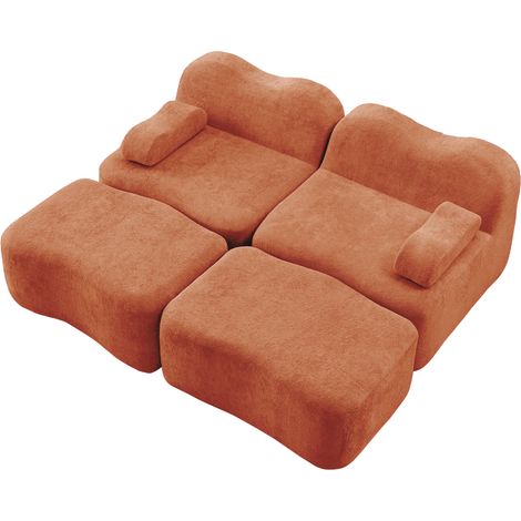 Sofá modular de 2 plazas con 2 otomanas en terciopelo naranja (1/5)