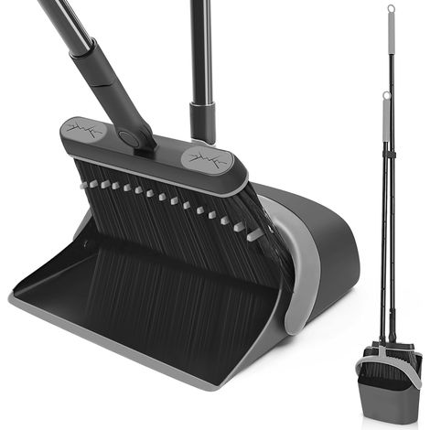 Dustpan and Brush Long Handle 138 cm for Hard Floor, Rotatable 180 Degree Sweeping Set for Outdoor, Garden, Hall, Indoor (Black and Grey) (1/5)
